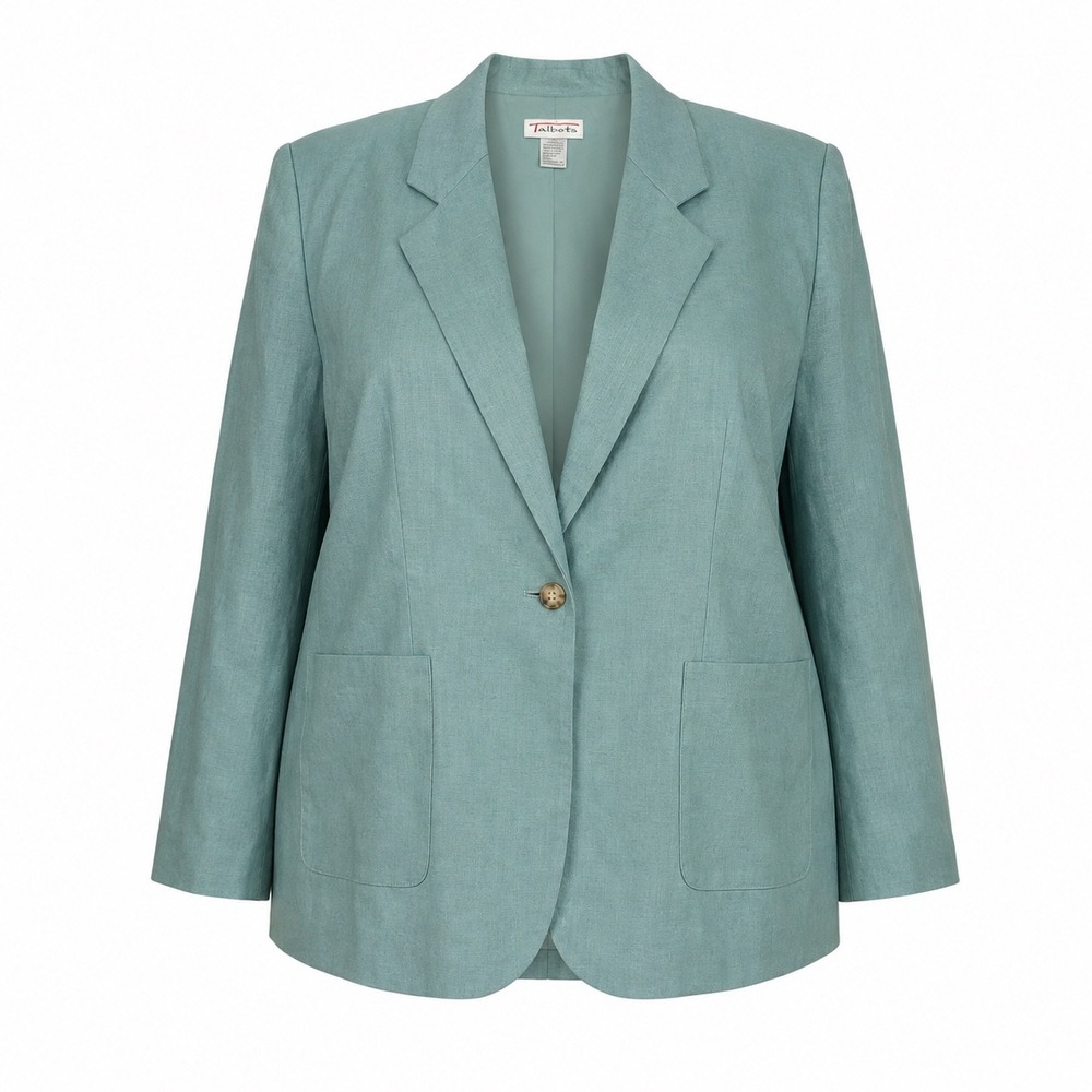 Talbots Blazer 14 Sage Green Linen Shoulder Pads Vintage Coastal Professional